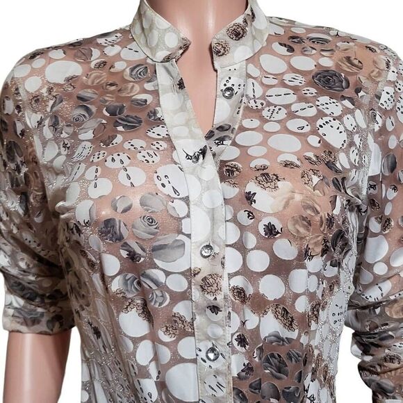 Pulp button down tie front abstract 3/4 sleeve mandarin collar top S - Picture 4 of 5